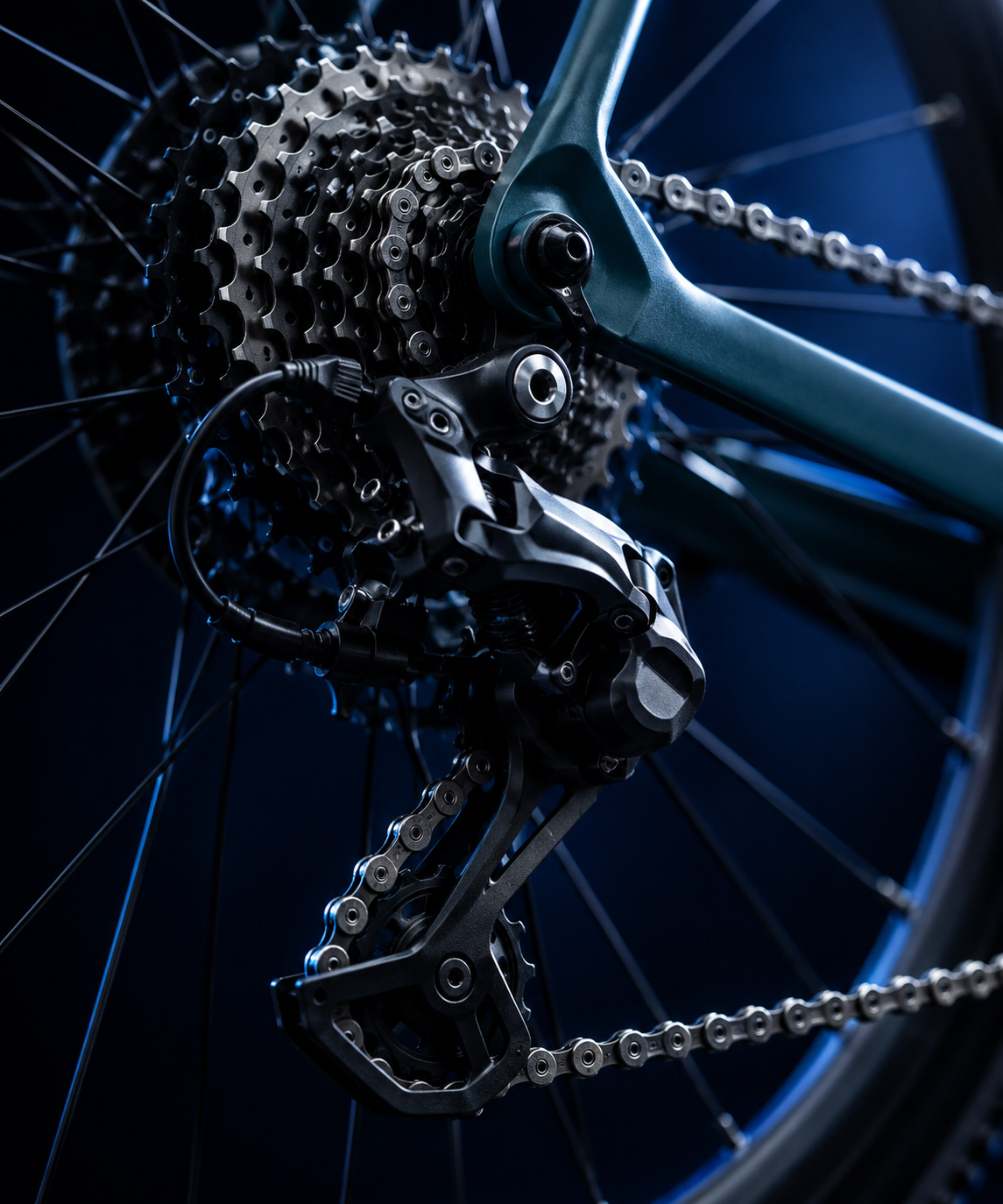 Close-up of a bicycle cassette, derailleur, and chain