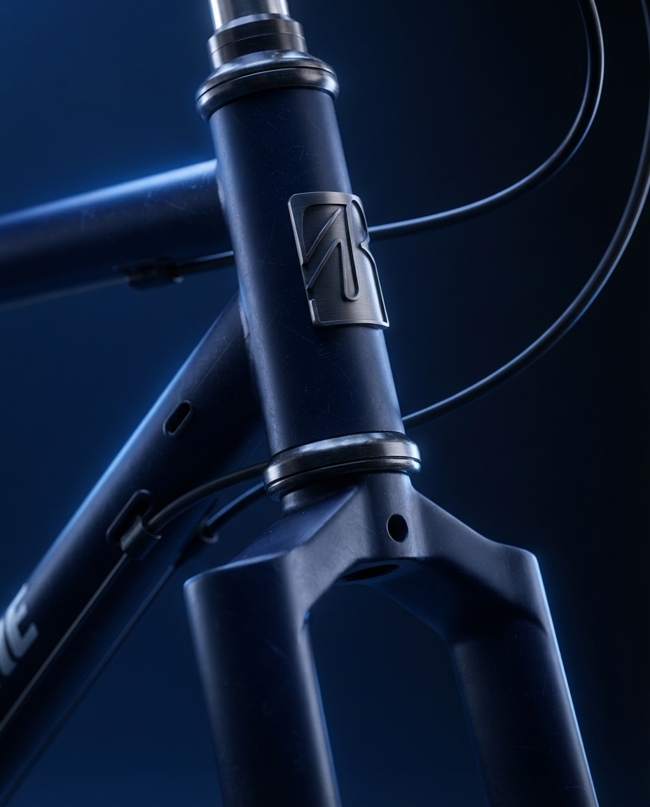 Detailed view of a navy bicycle head tube and fork crown
